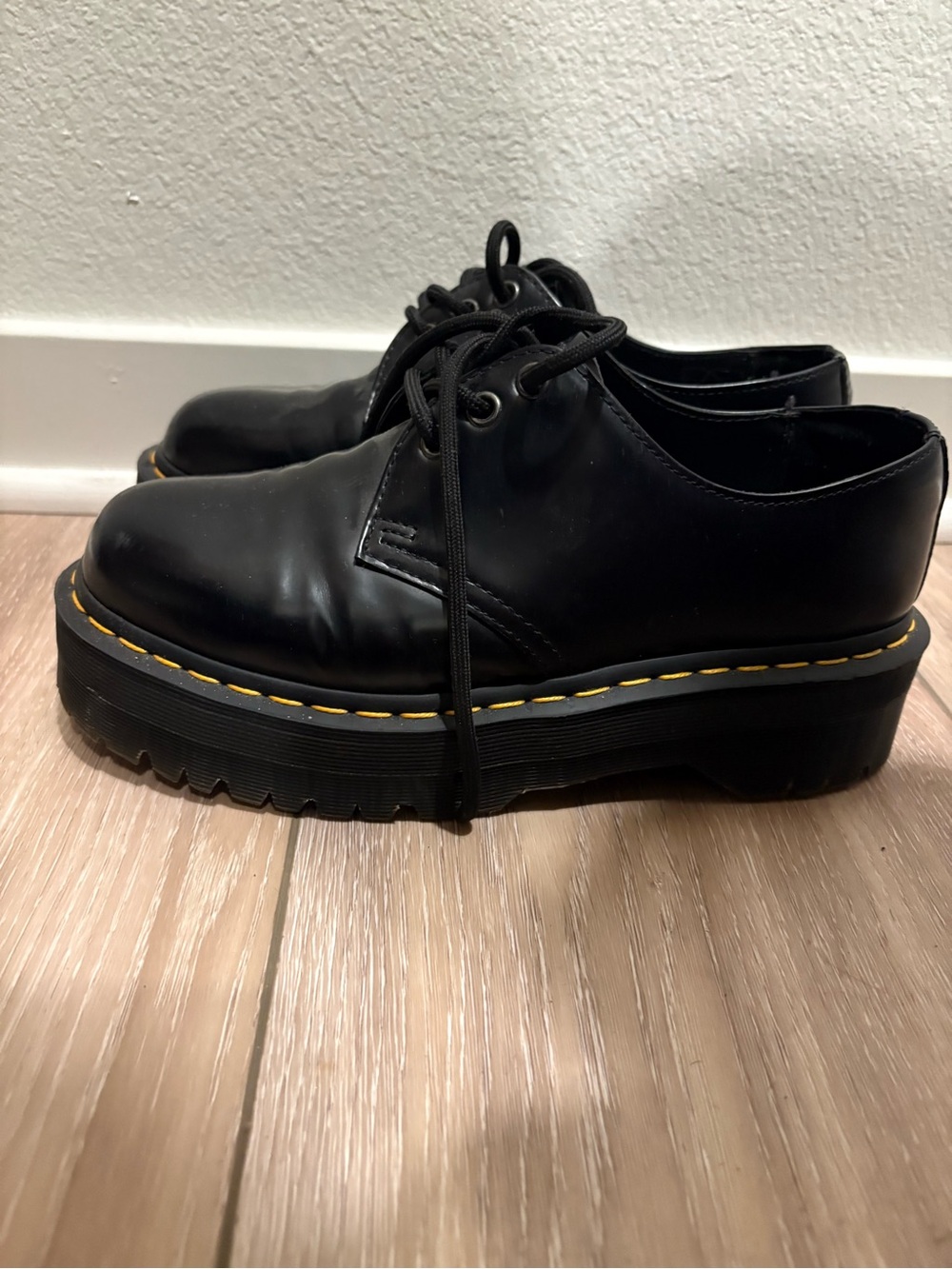 Dr. Martens Black Leather Platform Lace-Up Shoes with Yellow Stitching